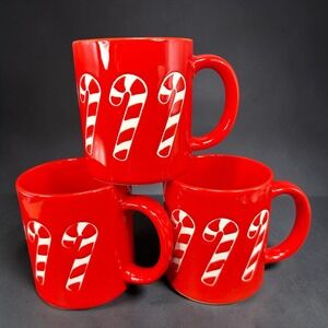 Relpo Vintage Christmas Candy Cane Mugs Cups Red Ceramic Set of 3 Holiday READ